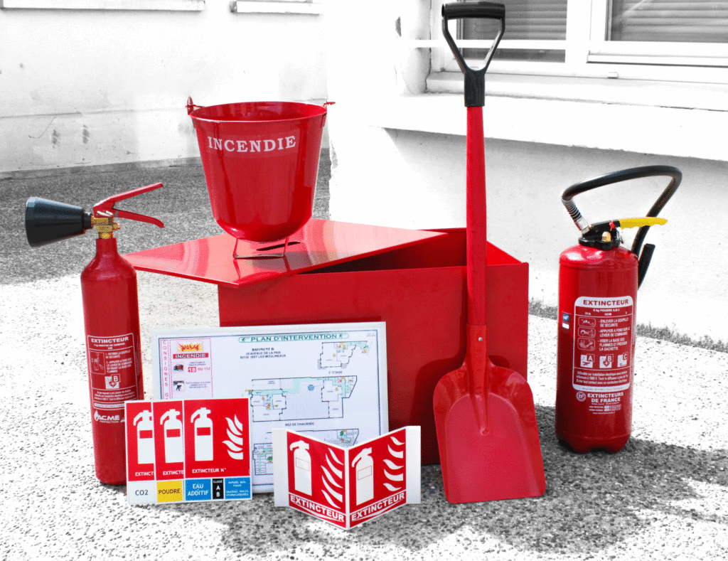 securité incendie extincteur pelle bac a sable sceau